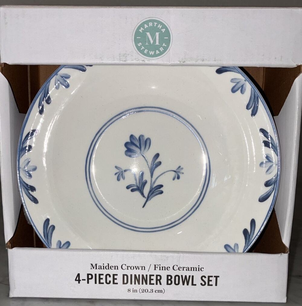 MARTHA STEWART DINNER SALAD BOWLS Maiden Crown Ceramic Blue 8" Floral Dish Set 4